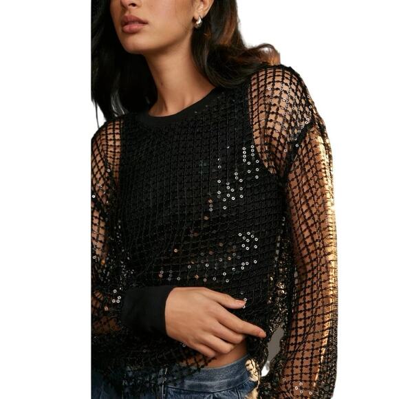 Pilcro Black Long-Sleeve Sequin Top Netting Sheer Tank Size XS Glam - Picture 1 of 8